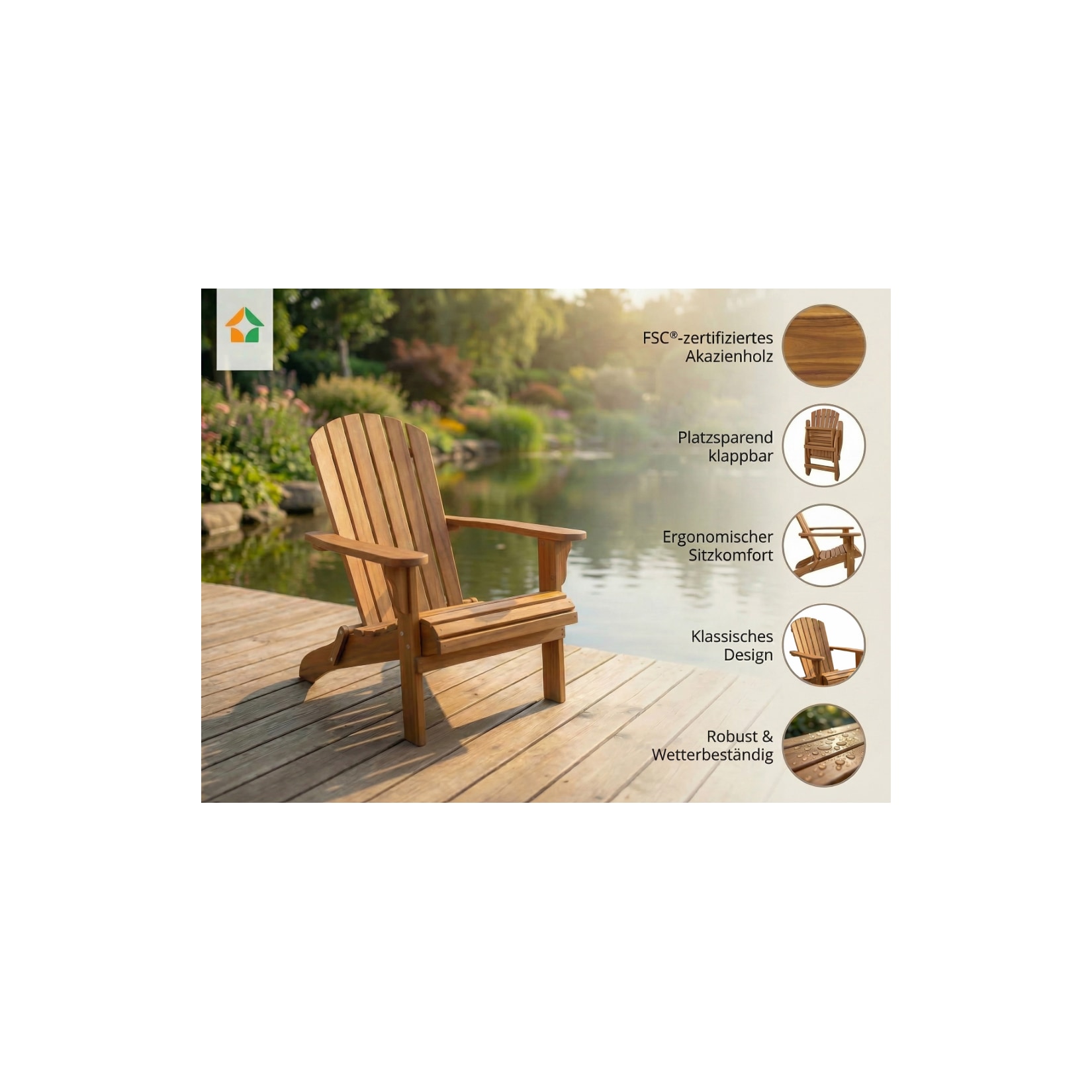 Klappbarer Adirondack Liegestuhl aus Akazienholz, ca. 84 x 69 x 93 cm - Braun