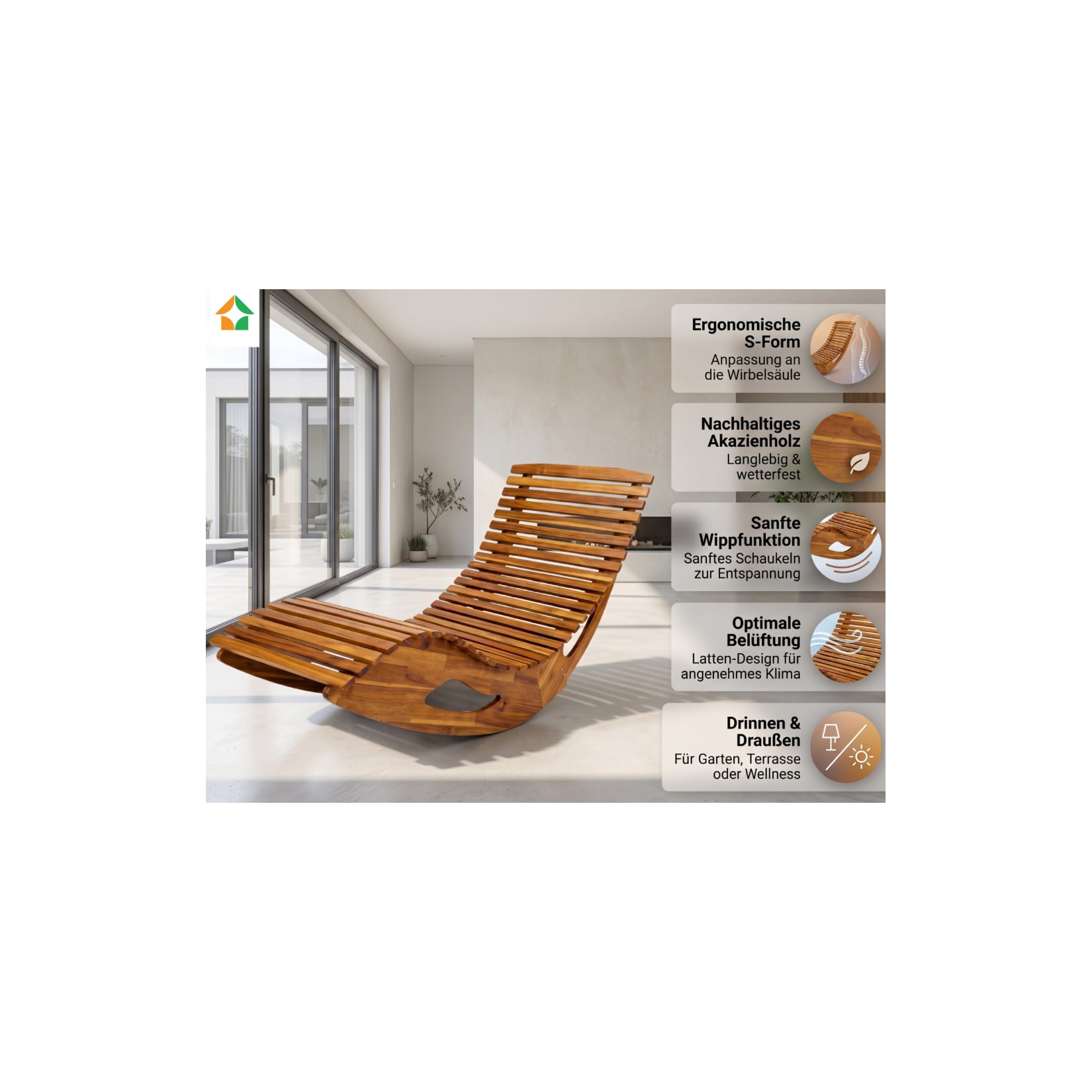 Ergonomische Schwungliege aus Akazienholz