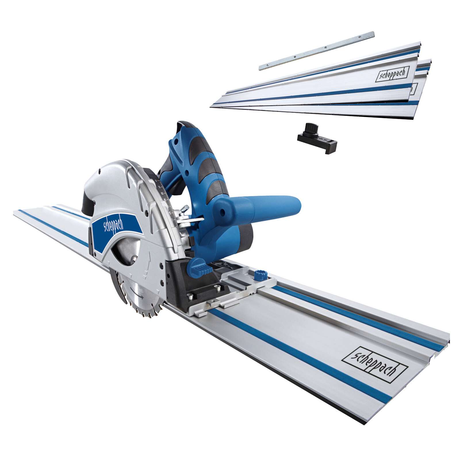 Tauchsäge PL55 SE Scheppach - 1200W | 55mm Schnitttiefe | 24Z & 48Z | 16mm Schattenfugen | inkl. 2x 700mm Führungsschienen, Verbinder u. Kippschutz
