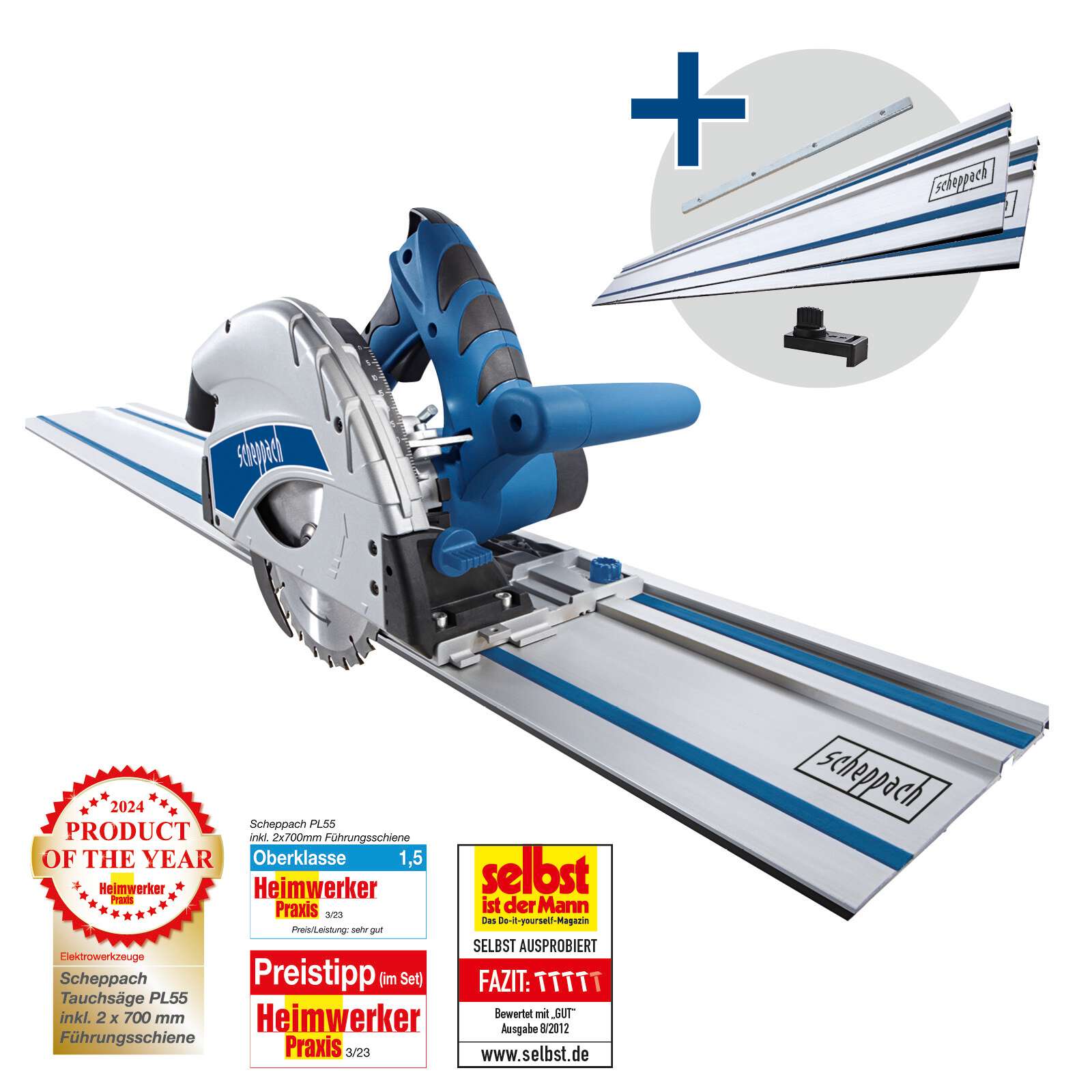 Tauchsäge PL55 SE Scheppach - 1200W | 55mm Schnitttiefe | 24Z & 48Z | 16mm Schattenfugen | inkl. 2x 700mm Führungsschienen, Verbinder u. Kippschutz Bild 2