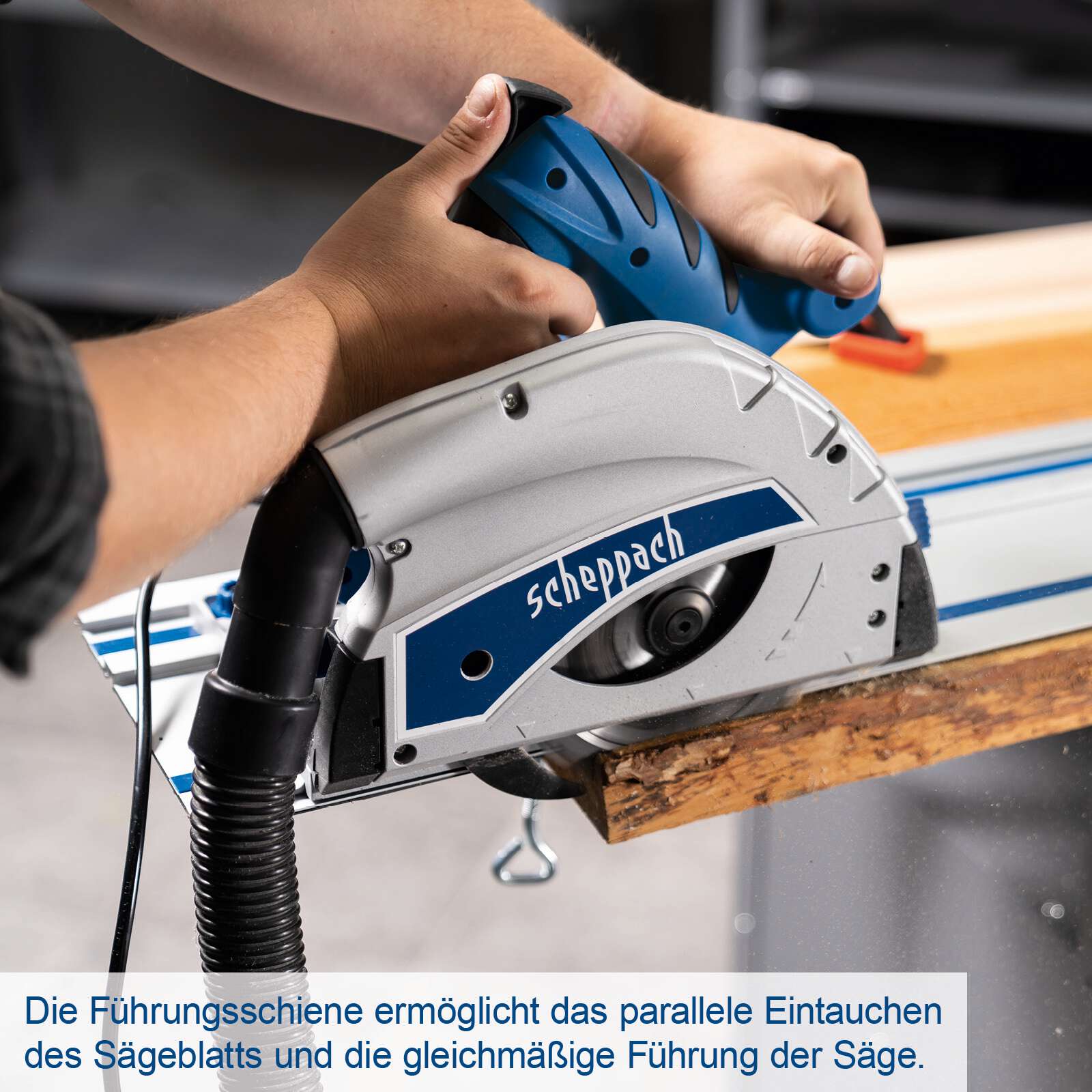 Tauchsäge PL55 SE Scheppach - 1200W | 55mm Schnitttiefe | 24Z & 48Z | 16mm Schattenfugen | inkl. 2x 700mm Führungsschienen, Verbinder u. Kippschutz Bild 4