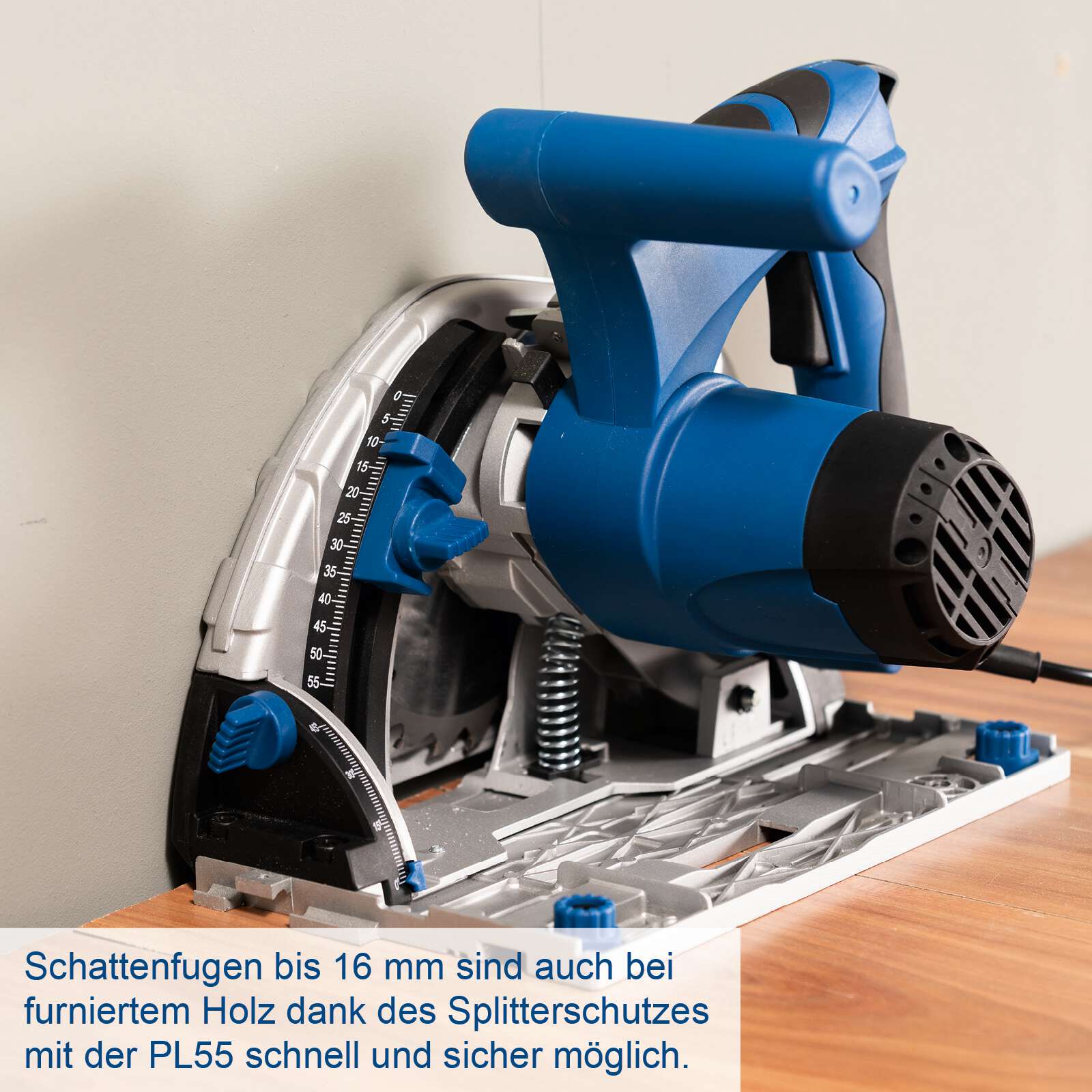 Tauchsäge PL55 Scheppach - 1200W | 55mm Schnitttiefe | 24Z | 16mm Schattenfugen | inkl. 2x 700mm Führungsschienen, Verbinder u. Kippschutz Bild 3