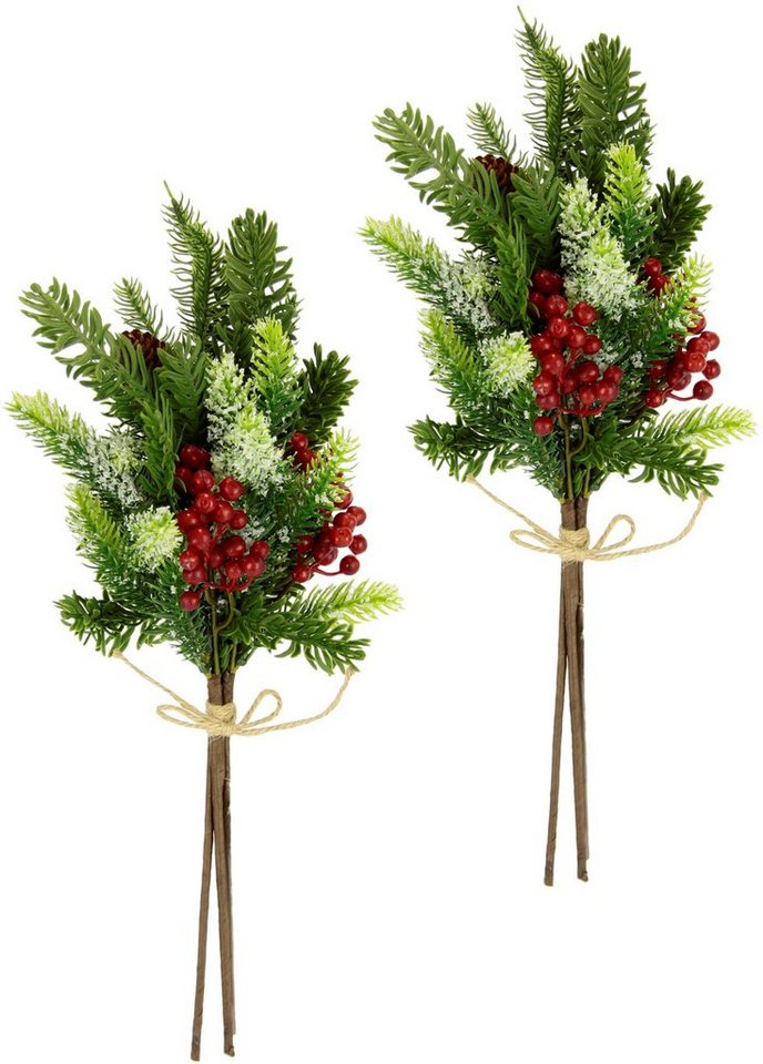 Winterliche Kunstpflanze Kunstzweig, Dekozweig aus Kunststoff, Weihnachtsdeko Tannenzweig-Bund, I.GE.A., Höhe 40 cm, mit echten Zapfen, Beeren und Schleife, geeist, 2er Set, grün, rot Bild 2