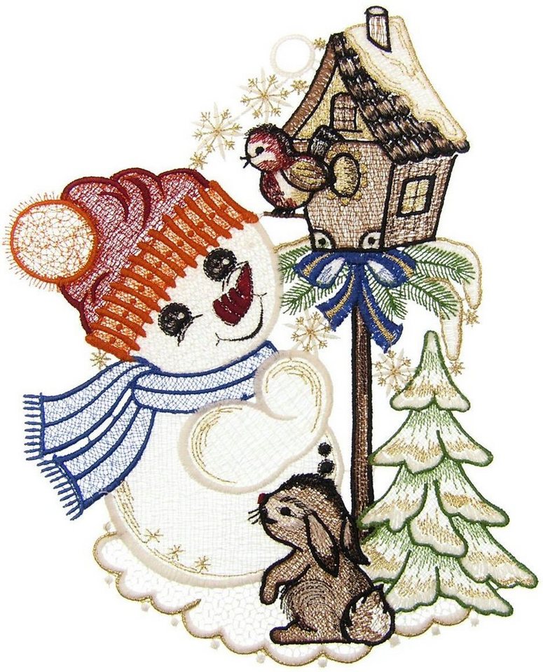 W. Reuter & Sohn - Plauener Spitze® Fensterbild Süßer Schneemann, Made in Germany Bild 2