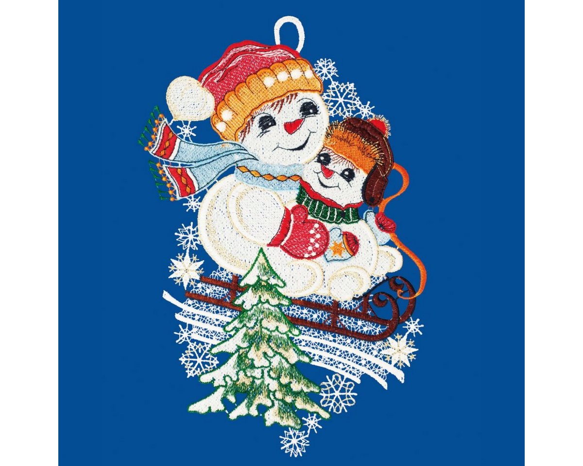 W. Reuter & Sohn - Plauener Spitze® Fensterbild Schneemann mit Kind, Made in Germany Bild 2