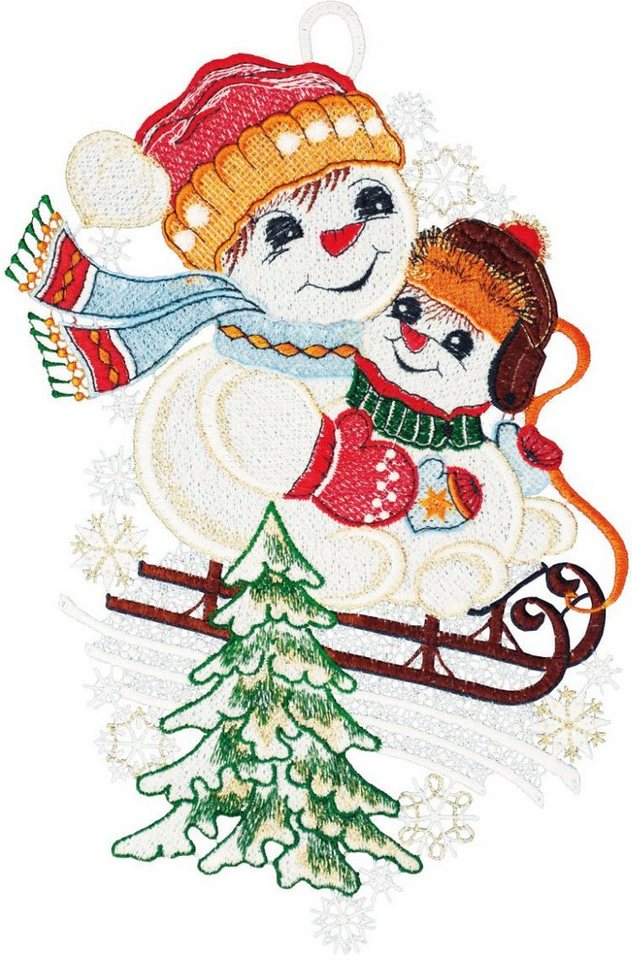 W. Reuter & Sohn - Plauener Spitze® Fensterbild Schneemann mit Kind, Made in Germany Bild 3