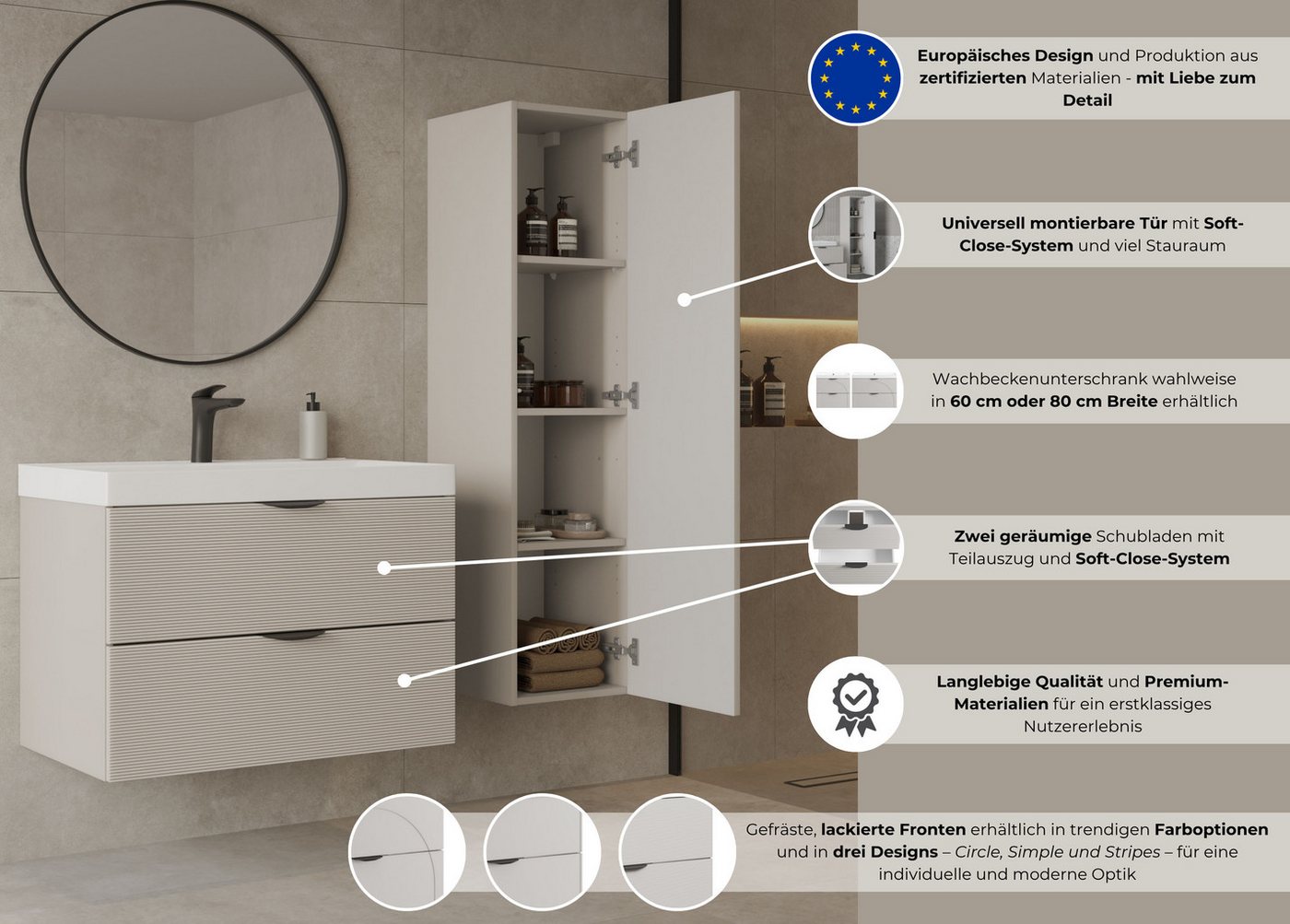 welltime Hängeschrank FLOW STRIPE rechts/links montierbar, Breite 35 cm, modernes Design Schrank mit 3 Einlegeböden, Push-to-open-Function