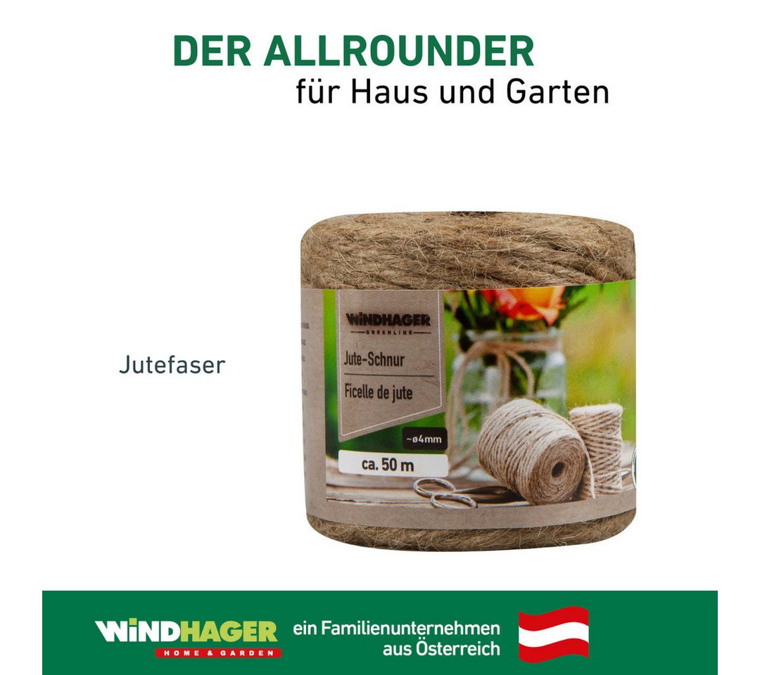 Windhager Pflanzschnur Jute-Schnur, Garn zur Befestigen von Pflanzen (1-tlg), Vliesen und Matten, erhältlich in 1,5 mm x 170 m oder 4 mm x 50 m