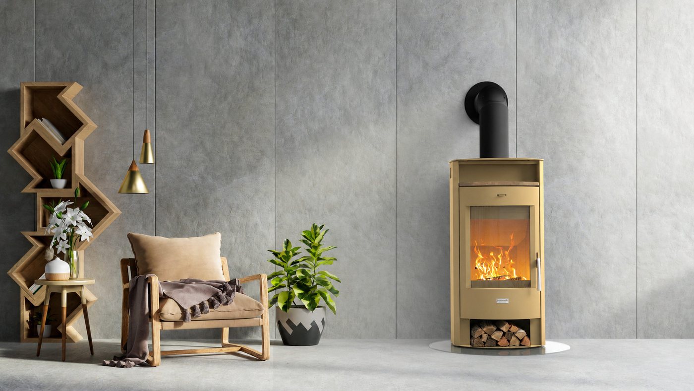 Hanseatic Kaminofen MAIA Stahl beige, Lieferung bis ins Wohnzimmer, 6,2 kW, Zeitbrand, NEU und Exklusiv mit Standsteinteefach Bild 2