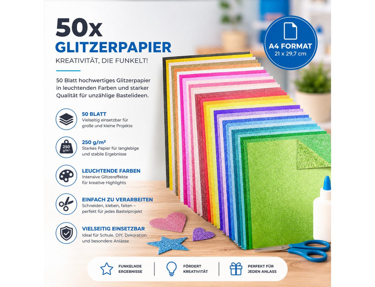 Bastelfreund® Bastelkartonpapier 50x Blatt Glitzerpapier Glitterpapier 300 g/m² - A4 Bedruckbar Basteln, 250 g/m² Bild 4