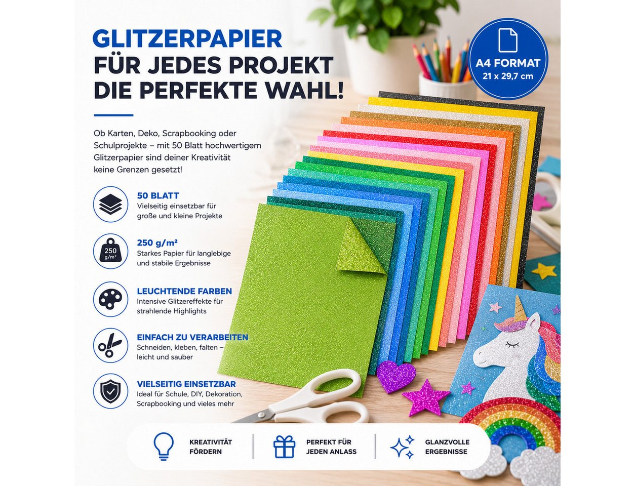 Bastelfreund® Bastelkartonpapier 50x Blatt Glitzerpapier Glitterpapier 300 g/m² - A4 Bedruckbar Basteln, 250 g/m² Bild 5