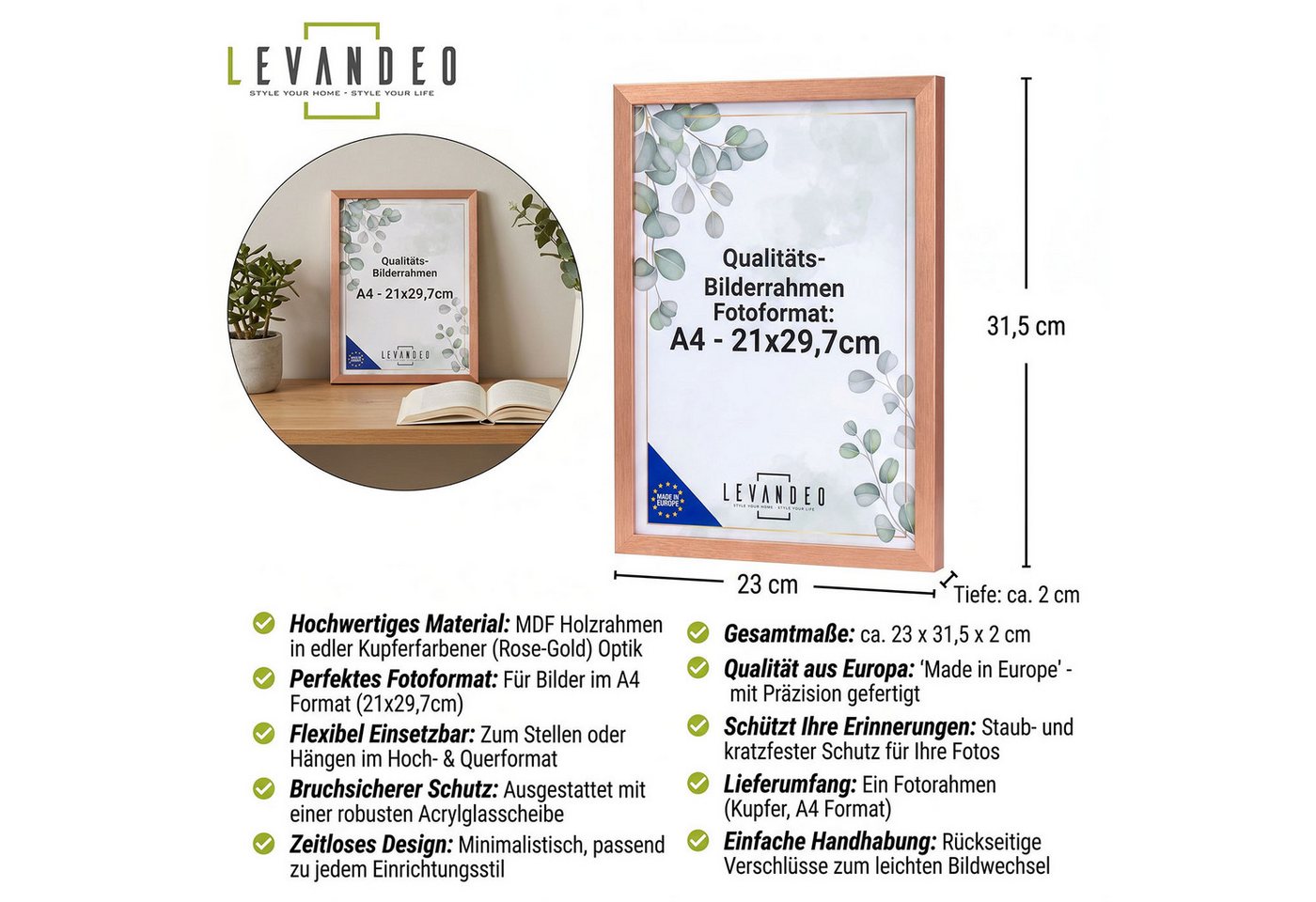 Levandeo® Bilderrahmen, A4 Bilderrahmen Kupfer 21x29,7 Made in EU Fotorahmen Poster