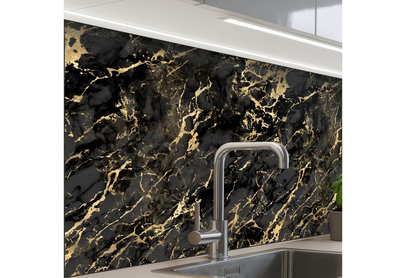 KitchenYeah Küchenrückwand Muster selbstklebend (keine Folie) Marmor - Schwarz - Goldstruktur, (1-tlg), Spritzschutz, Küche, Rückwand, Küchenwand, Küchenfront, 30x20 cm