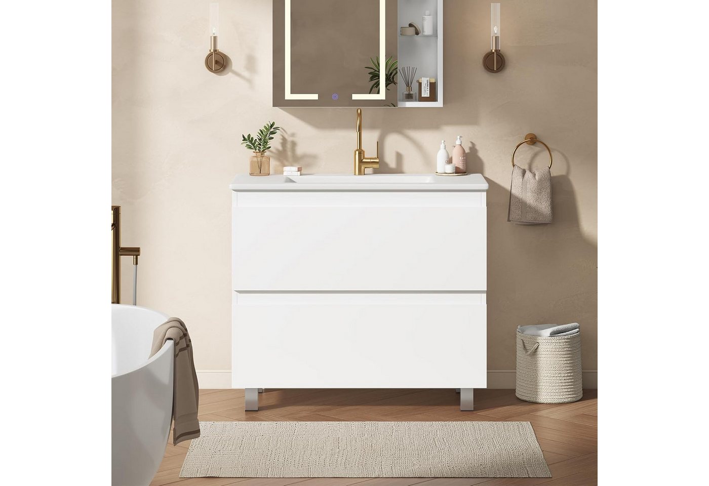 MSMASK Waschtisch Badezimmerschrank mit 2 großen Schubladen und keramischem Waschbecken (1-St), Waschbeckenunterschrank, 81 x 46,5 x 87 cm