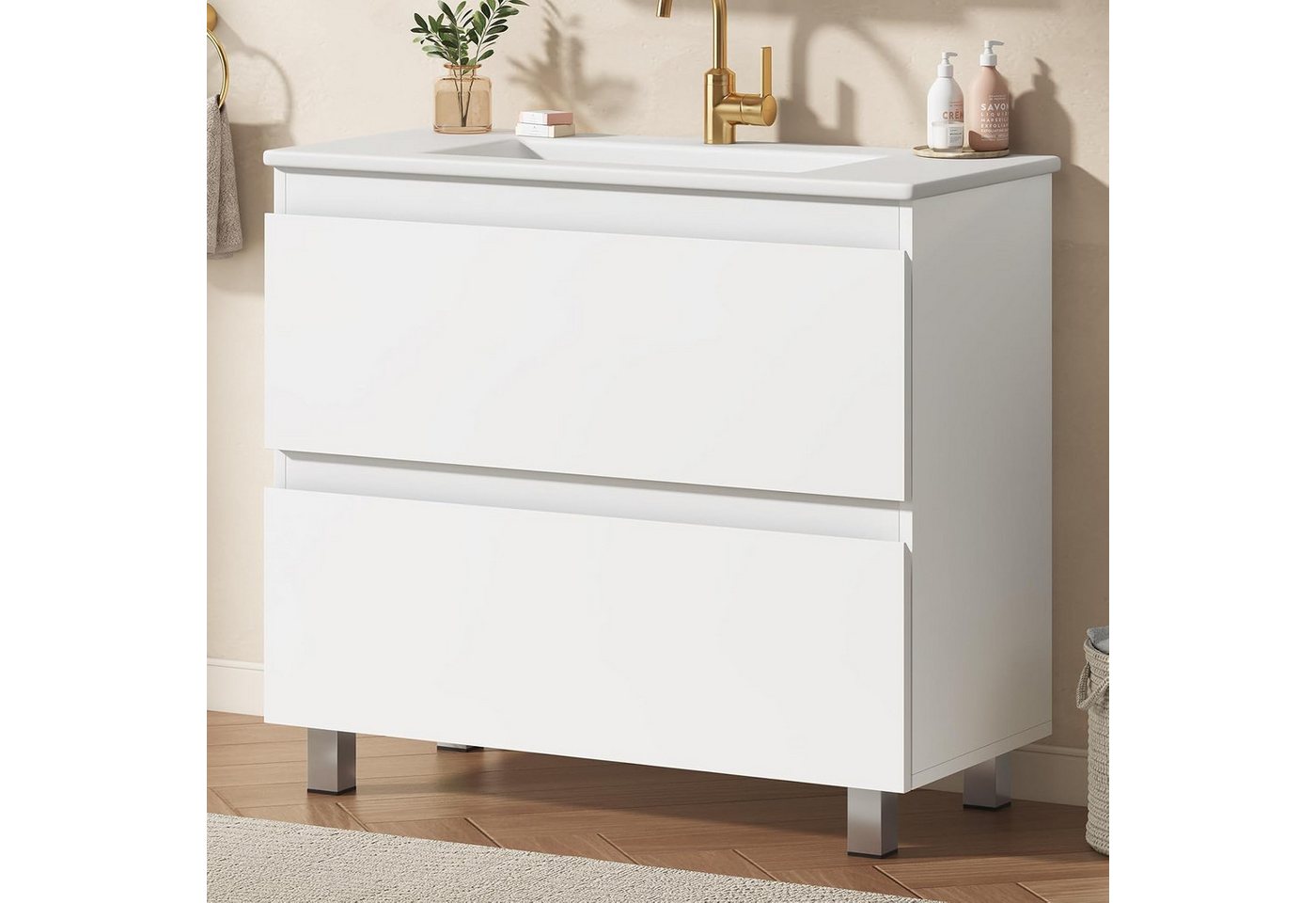MSMASK Waschtisch Badezimmerschrank mit 2 großen Schubladen und keramischem Waschbecken (1-St), Waschbeckenunterschrank, 81 x 46,5 x 87 cm Bild 5