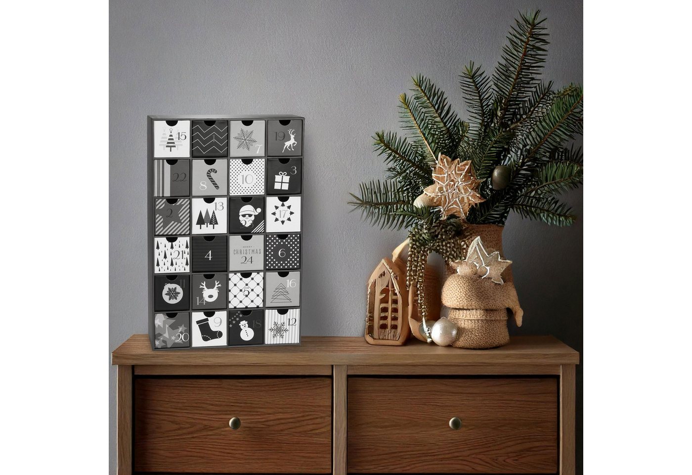 BRUBAKER befüllbarer Adventskalender DIY Weihnachtskalender mit 24 Türchen zum Befüllen Schwarz Weiß - 39cm (1-tlg), Kalender Weihnachten für Gutscheine Süßigkeiten Bild 5