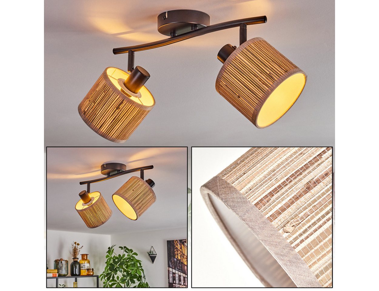 hofstein Deckenleuchte moderne Deckenlampe aus Metall/Seegras in Schwarz/Natur, ohne Leuchtmittel, mit verstellbaren Strahlern, Leuchte, 2 x E14, ohne Leuchtmittel
