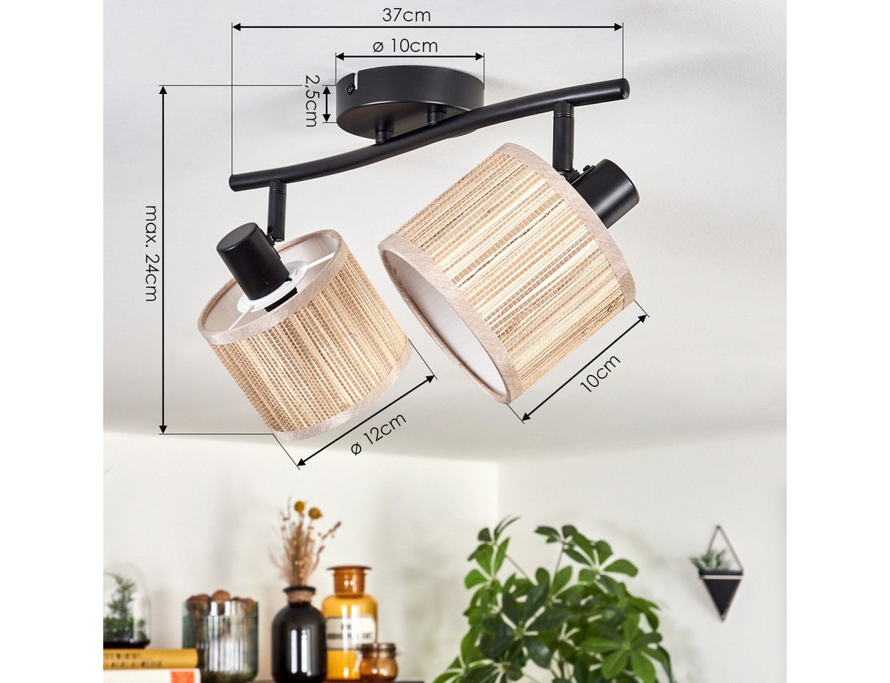 hofstein Deckenleuchte moderne Deckenlampe aus Metall/Seegras in Schwarz/Natur, ohne Leuchtmittel, mit verstellbaren Strahlern, Leuchte, 2 x E14, ohne Leuchtmittel Bild 4