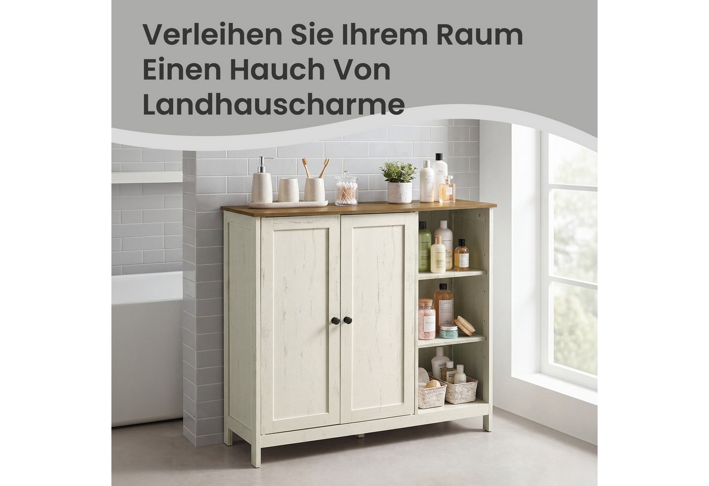 VASAGLE Waschbeckenunterschrank Badschrank 1 Stück Aufbewahrungsschrank mit 2 Türen und Offenen Fächern, 90 x 30 x 80 cm, für Badezimmer Bild 4