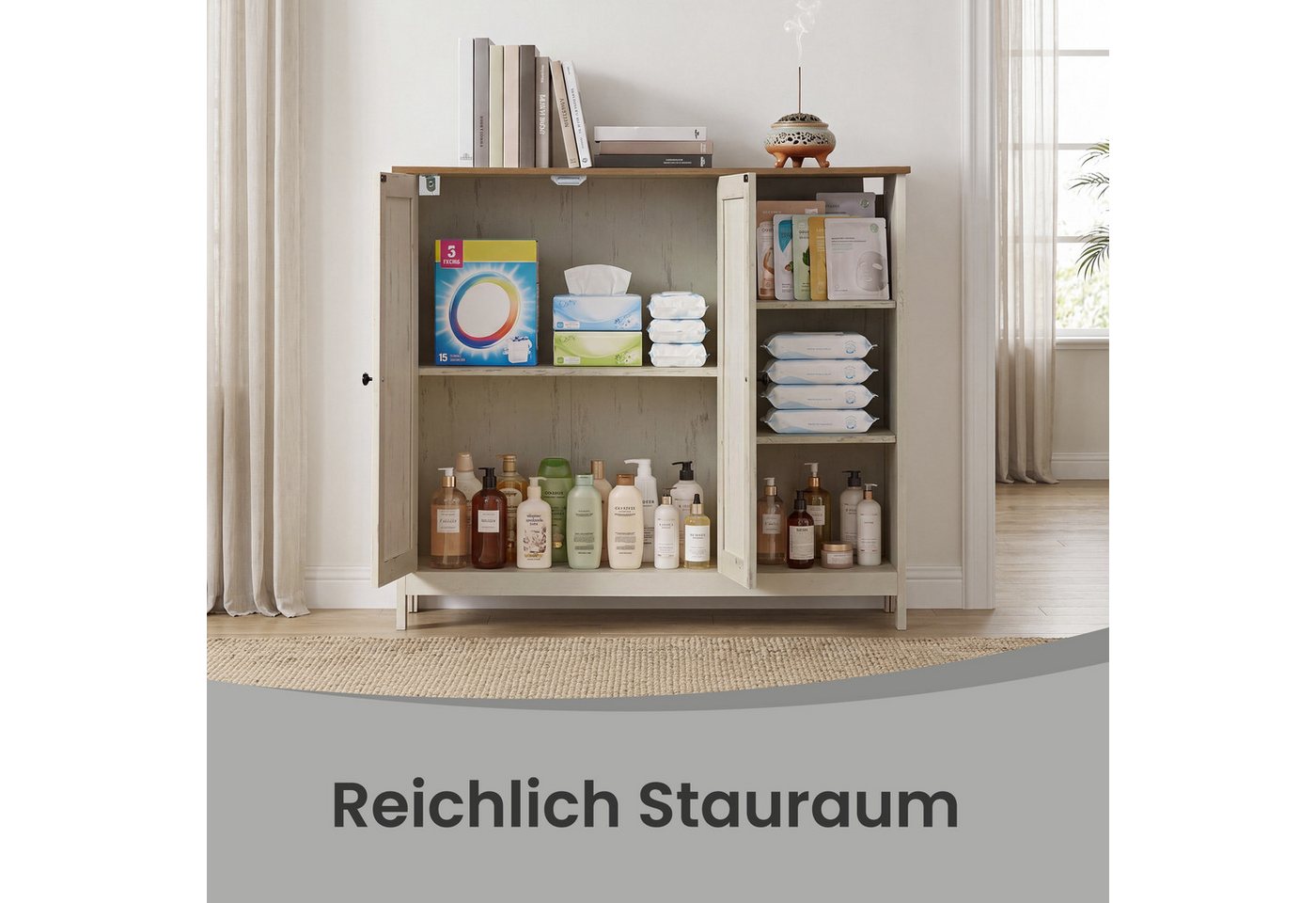 VASAGLE Waschbeckenunterschrank Badschrank 1 Stück Aufbewahrungsschrank mit 2 Türen und Offenen Fächern, 90 x 30 x 80 cm, für Badezimmer Bild 5