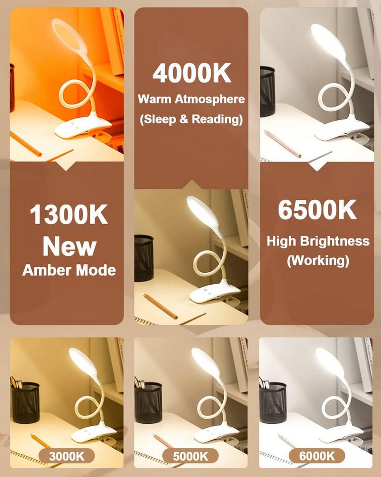 FELIXLEO LED Leselampe Leselampe Bett Bernsteinlicht Klemmlampe USB C 6 Farben dimmbar Bild 4