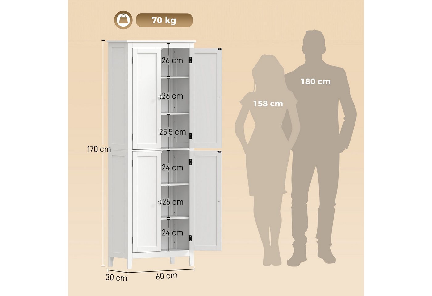 HOMCOM Badkommode Badezimmerschrank mit Türen (Set, 1 St., 1), Schmaler Hochschrank, verstellbare Böden Bild 5