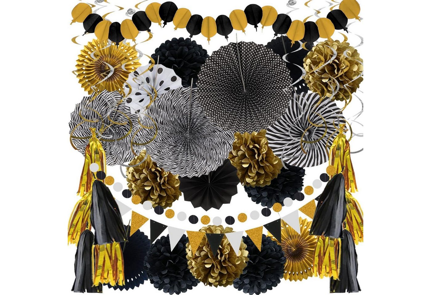 LuxusKollektion Girlande 41-teiliges Schwarz Gold Party Deko Set - Papier Pompoms, Girlande Bild 2