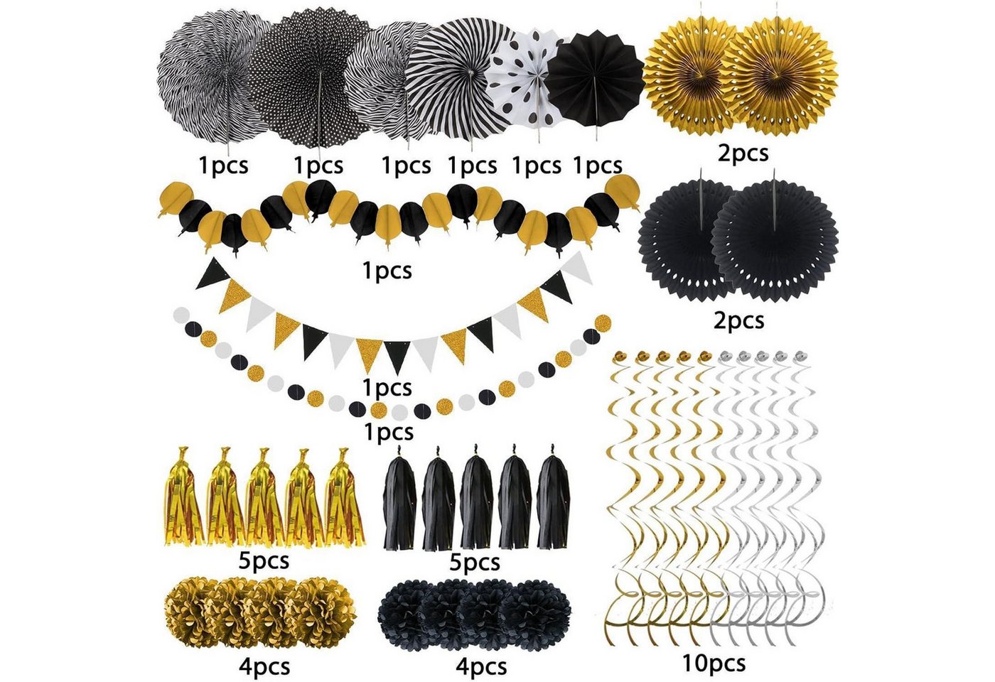 LuxusKollektion Girlande 41-teiliges Schwarz Gold Party Deko Set - Papier Pompoms, Girlande Bild 3