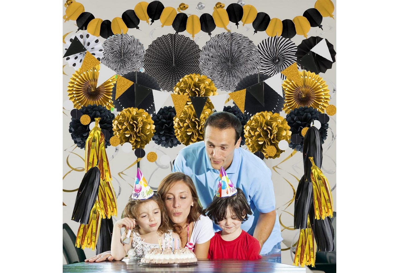 LuxusKollektion Girlande 41-teiliges Schwarz Gold Party Deko Set - Papier Pompoms, Girlande Bild 5