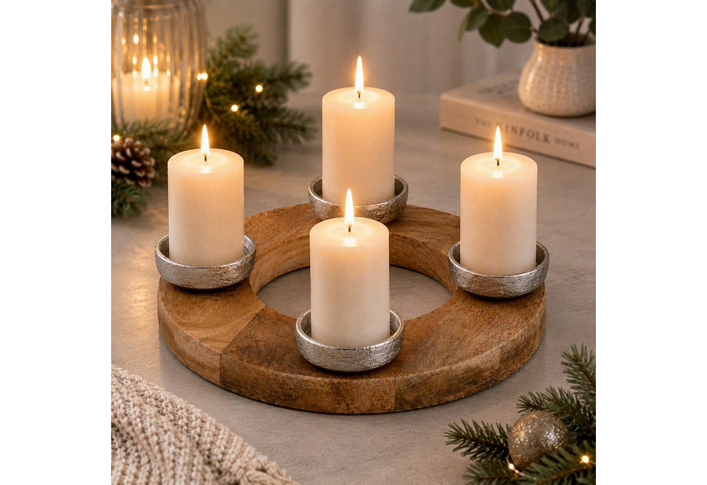 Koopman Adventskranz Kerzenhalter Ø 27 cm Mangoholz Aluminium Klein, für 4 Kerzen, Dekorativ, 27x4cm, Natur, Stabil