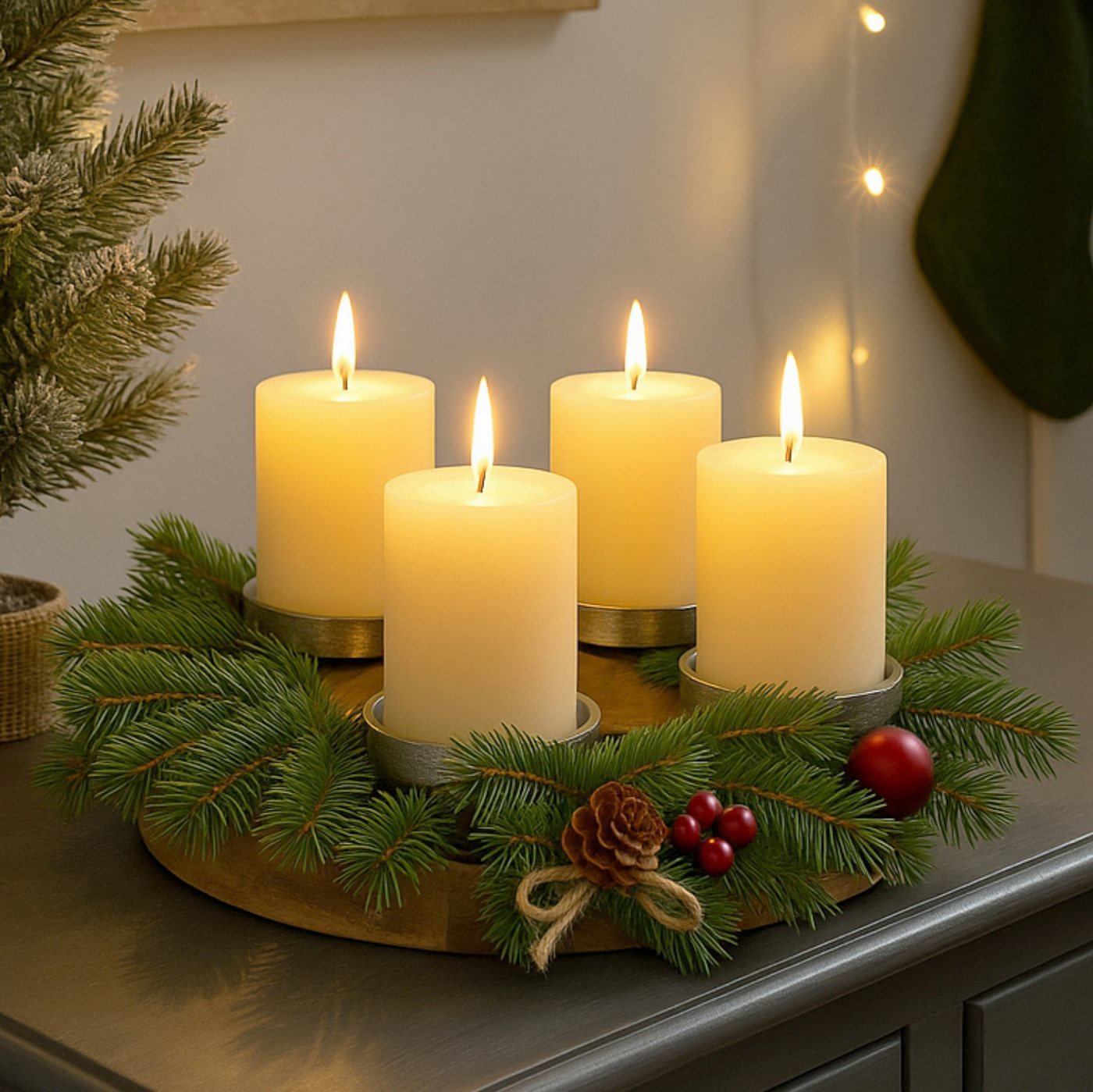 Koopman Adventskranz Kerzenhalter Ø 27 cm Mangoholz Aluminium Klein, für 4 Kerzen, Dekorativ, 27x4cm, Natur, Stabil Bild 5
