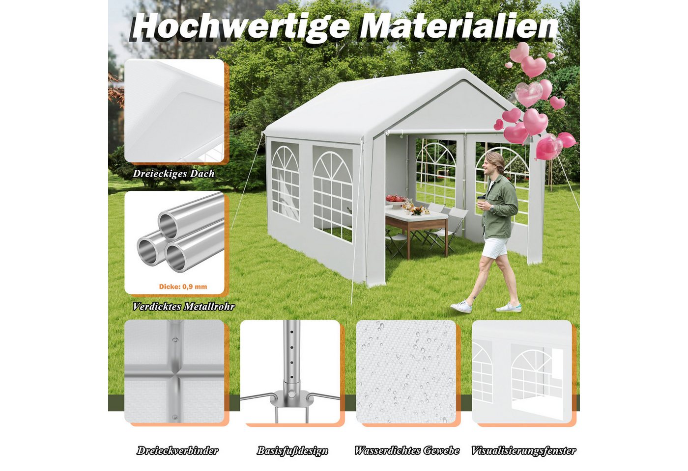 FIVMEN Pavillon Partyzelt 3x4m mit Verzinktem Stahlgestänge Gartenpavillon, 4 Abnehmbare Seitenwände mit Fenstern, Pavillon für Garten, Hochzeit
