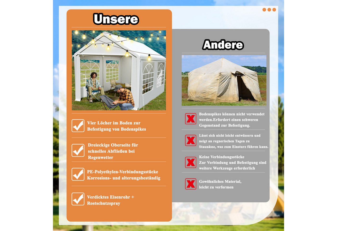 FIVMEN Pavillon Partyzelt 3x4m mit Verzinktem Stahlgestänge Gartenpavillon, 4 Abnehmbare Seitenwände mit Fenstern, Pavillon für Garten, Hochzeit Bild 3