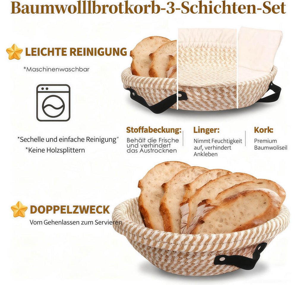 PFCTART Gärkorb 10-tlg. Gärkorb Brotbackset Ø23 cm – Rundes Gärkörbchen, (Set 10-tlg), Handgeflochten, atmungsaktiv mit Sauerteig Starterglas Bild 2