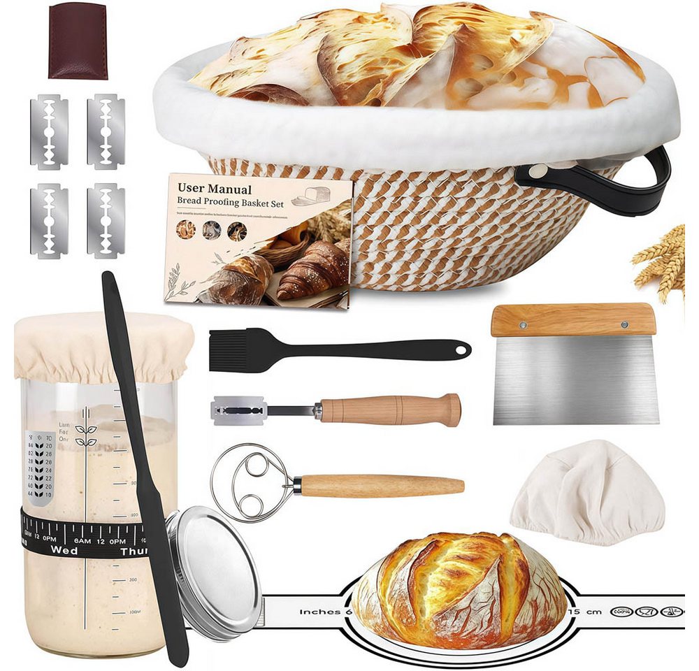PFCTART Gärkorb 10-tlg. Gärkorb Brotbackset Ø23 cm – Rundes Gärkörbchen, (Set 10-tlg), Handgeflochten, atmungsaktiv mit Sauerteig Starterglas Bild 4