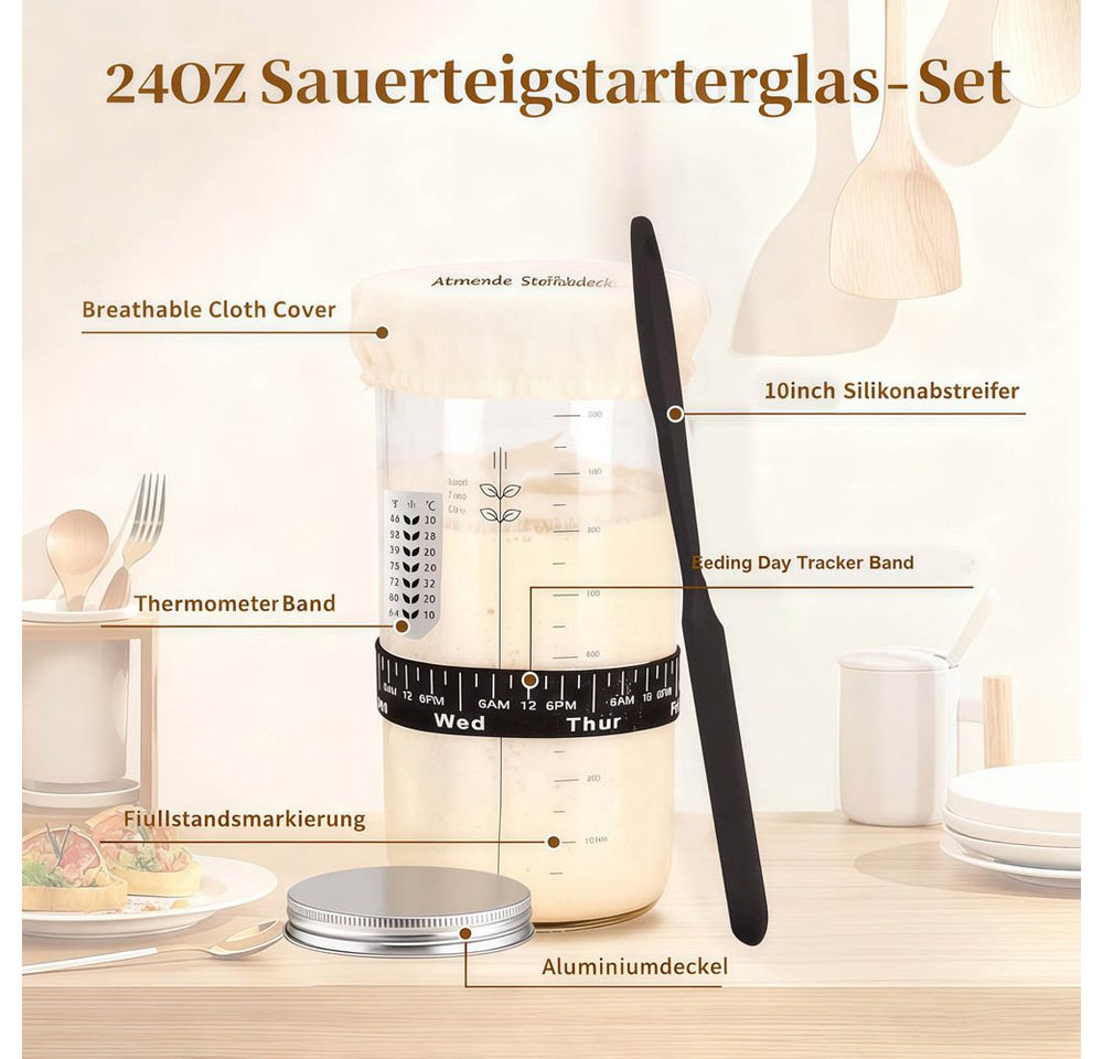 PFCTART Gärkorb 10-tlg. Gärkorb Brotbackset Ø23 cm – Rundes Gärkörbchen, (Set 10-tlg), Handgeflochten, atmungsaktiv mit Sauerteig Starterglas Bild 5