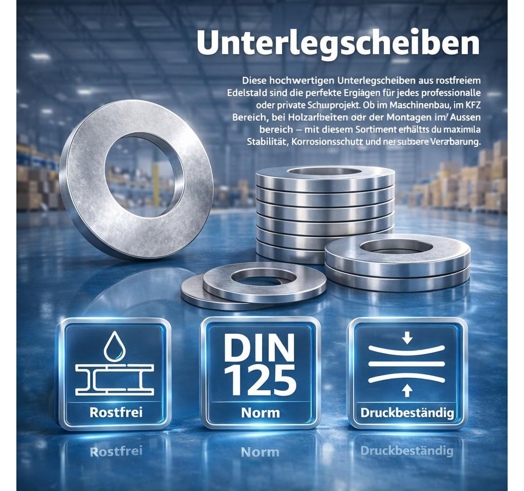 toolmate® Unterlegscheibe 50x M6 Unterlegscheiben - Edelstahl Rostfrei Flach Sicherungsscheiben, Ø 16,00 mm, M6, Set, 1-St., 50x Unterlegscheiben M6, Glatte Oberfläche Bild 2