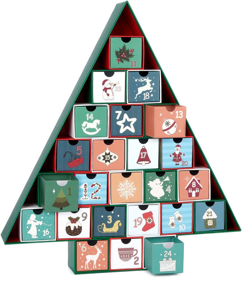 BRUBAKER befüllbarer Adventskalender Tannenbaum - Weihnachtskalender zum Befüllen (51 cm groß aus Pappe - Grün Bunt, 1-tlg), DIY Kalender mit 24 Türchen für Gutscheine und Süßigkeiten Bild 2