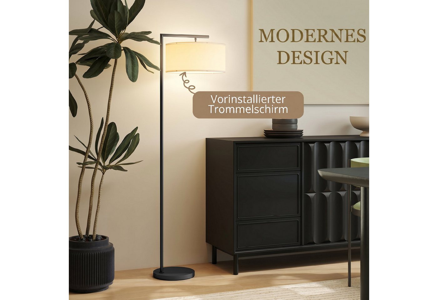 HOMCOM Stehlampe mit Stofflampenschirm und E27-Fassung, Ein-,Ausschalter, ohne Leuchtmittel, Metall Stahl Leinen Schwarz+Weiß 47 x 37 x 153 cm