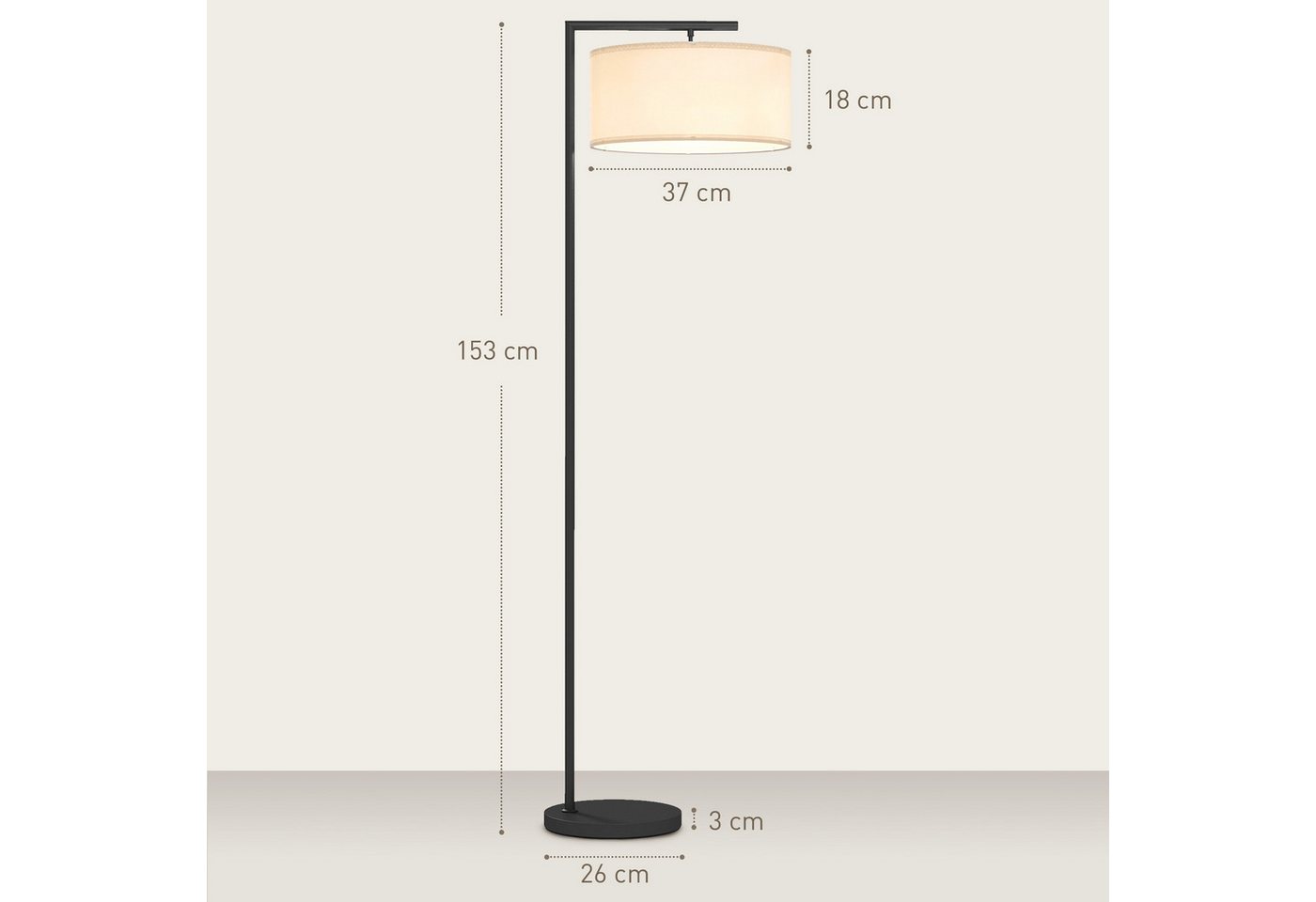 HOMCOM Stehlampe mit Stofflampenschirm und E27-Fassung, Ein-,Ausschalter, ohne Leuchtmittel, Metall Stahl Leinen Schwarz+Weiß 47 x 37 x 153 cm Bild 3