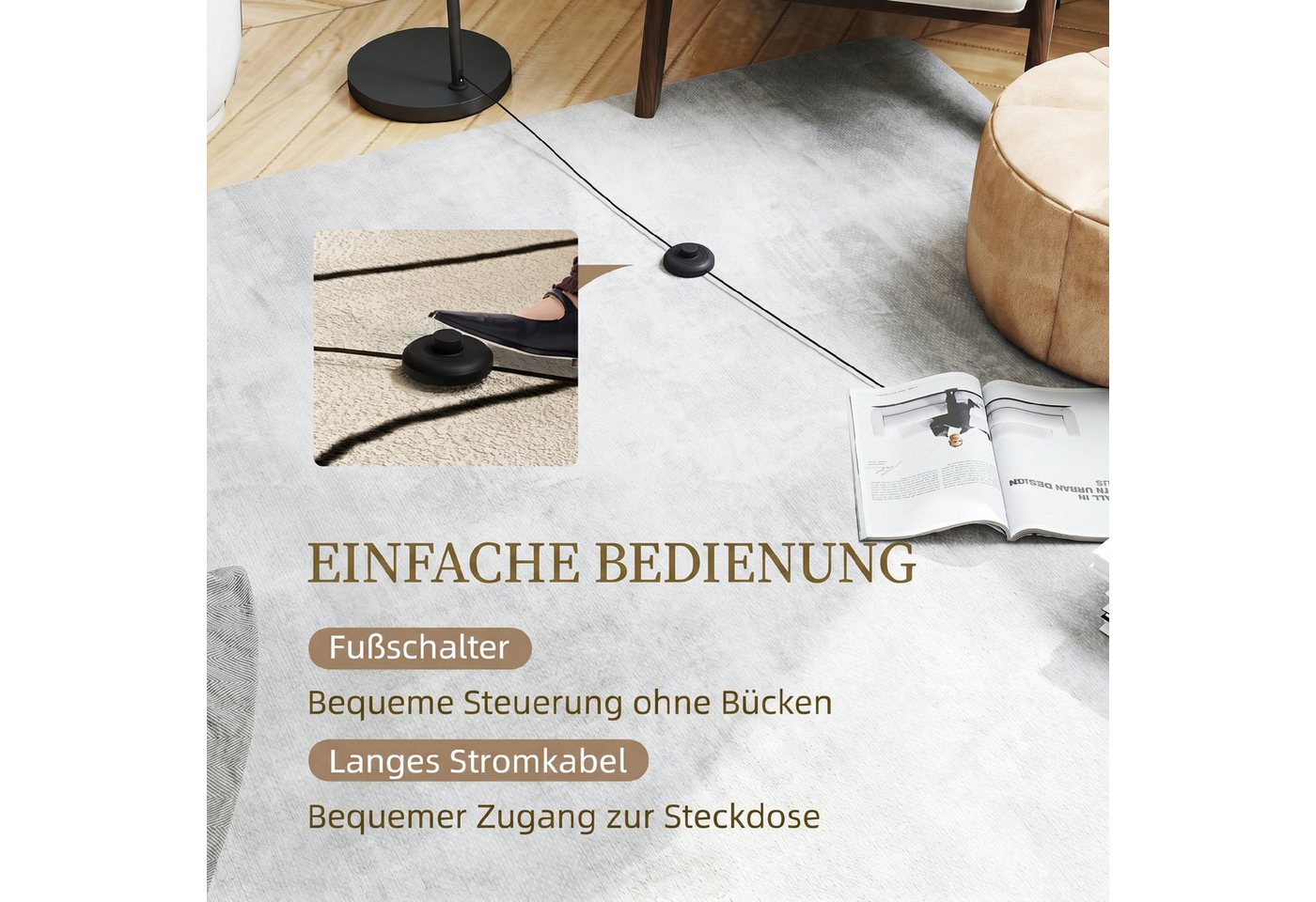 HOMCOM Stehlampe mit Stofflampenschirm und E27-Fassung, Ein-,Ausschalter, ohne Leuchtmittel, Metall Stahl Leinen Schwarz+Weiß 47 x 37 x 153 cm Bild 5