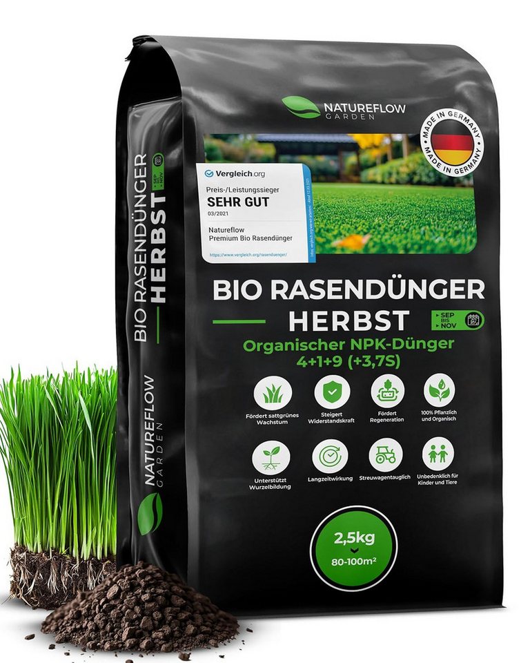 Natureflow Rasendünger Bio, 100% organisch, NPK 4+1+9, 2,5 kg/100 m², Herbst, Einzelartikel