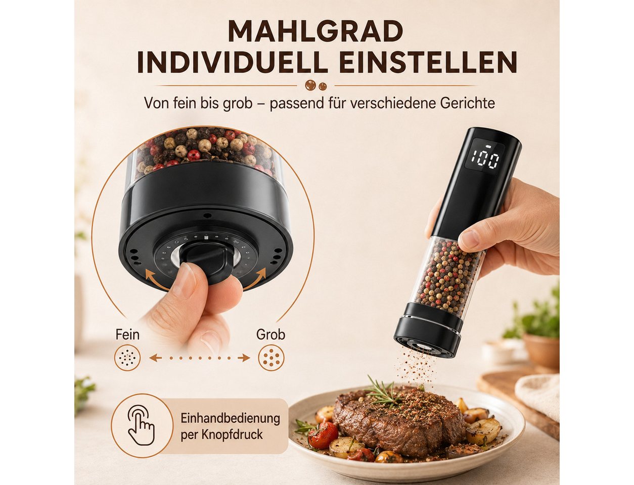OYLCDI Salz-/Pfeffermühle Elektrische Salz- und Pfeffermühle 2er Set mit USB-C-Ladestation Wiederaufladbarkeit, Einhandbedienung durch Schwerkraft,Salzmühle, Adjustable Gewürzmühle