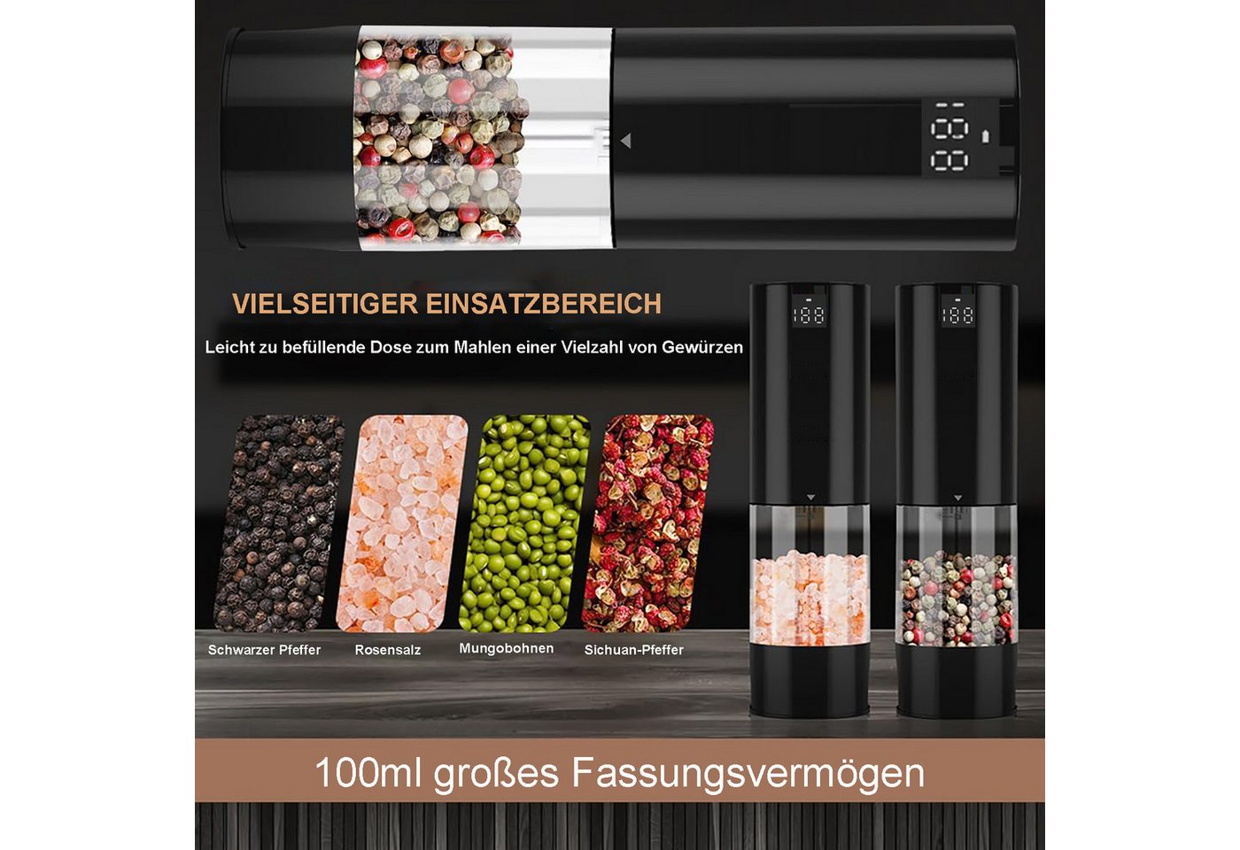 OYLCDI Salz-/Pfeffermühle Elektrische Salz- und Pfeffermühle 2er Set mit USB-C-Ladestation Wiederaufladbarkeit, Einhandbedienung durch Schwerkraft,Salzmühle, Adjustable Gewürzmühle Bild 2
