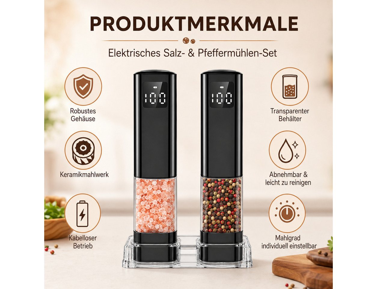 OYLCDI Salz-/Pfeffermühle Elektrische Salz- und Pfeffermühle 2er Set mit USB-C-Ladestation Wiederaufladbarkeit, Einhandbedienung durch Schwerkraft,Salzmühle, Adjustable Gewürzmühle Bild 3