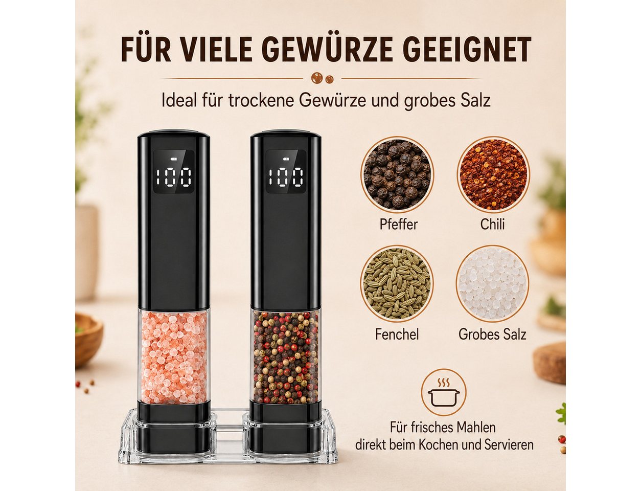 OYLCDI Salz-/Pfeffermühle Elektrische Salz- und Pfeffermühle 2er Set mit USB-C-Ladestation Wiederaufladbarkeit, Einhandbedienung durch Schwerkraft,Salzmühle, Adjustable Gewürzmühle Bild 4