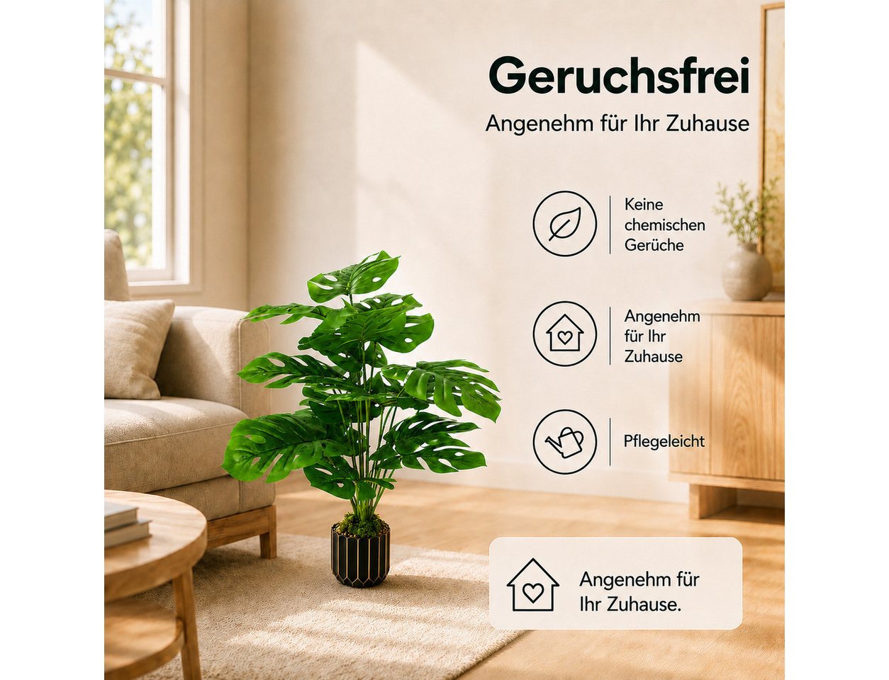 Kunstpflanze 71 cm Künstliche Monstera Pflanze mit Übertopf, UV-beständig Monstera, Refined Living, Höhe 71 cm, UV-beständig, individuell formbar, mit dekorativem Übertopf