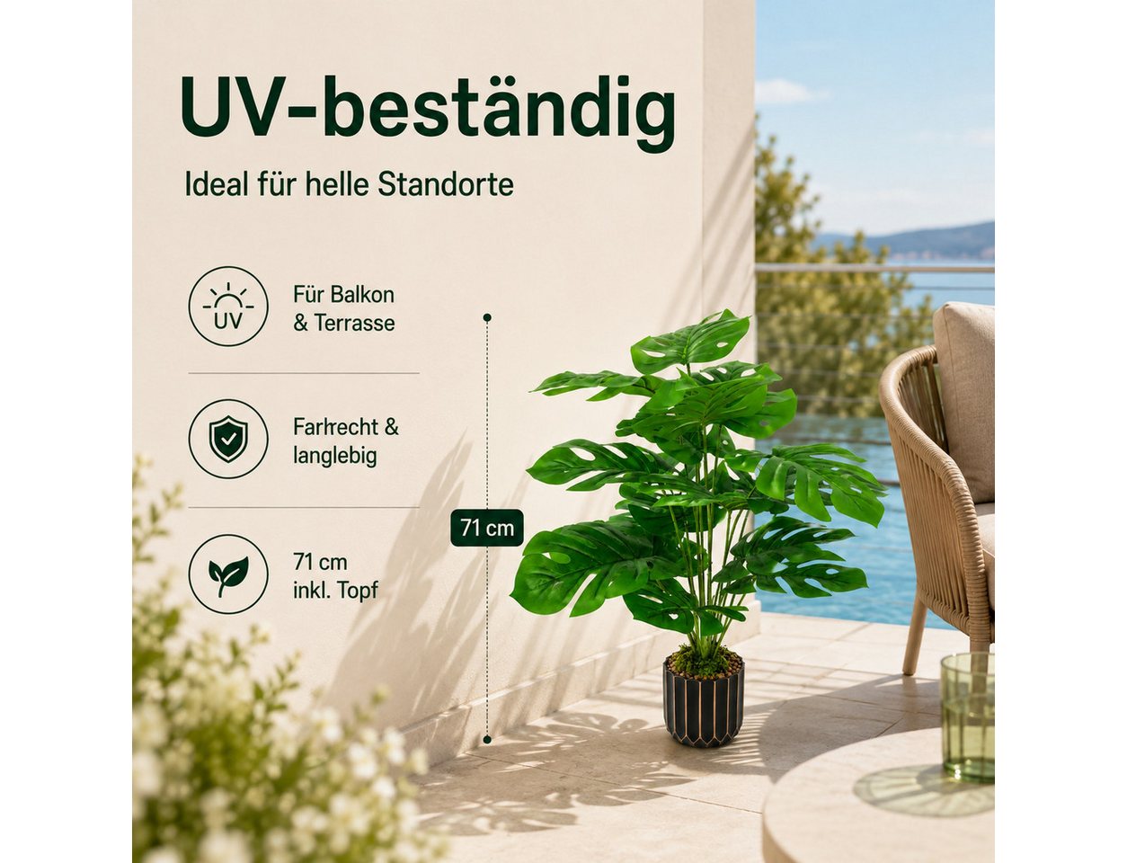 Kunstpflanze 71 cm Künstliche Monstera Pflanze mit Übertopf, UV-beständig Monstera, Refined Living, Höhe 71 cm, UV-beständig, individuell formbar, mit dekorativem Übertopf Bild 3