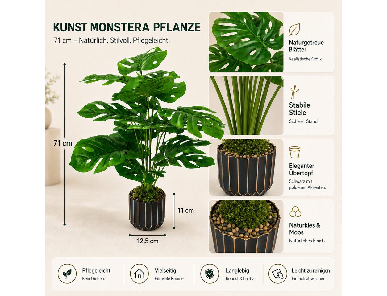 Kunstpflanze 71 cm Künstliche Monstera Pflanze mit Übertopf, UV-beständig Monstera, Refined Living, Höhe 71 cm, UV-beständig, individuell formbar, mit dekorativem Übertopf Bild 4