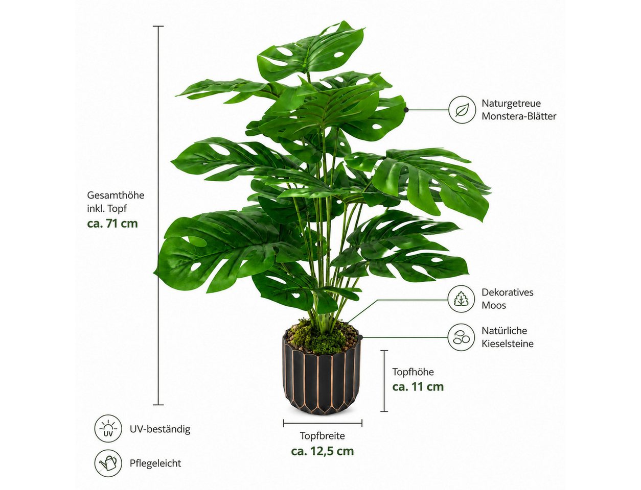 Kunstpflanze 71 cm Künstliche Monstera Pflanze mit Übertopf, UV-beständig Monstera, Refined Living, Höhe 71 cm, UV-beständig, individuell formbar, mit dekorativem Übertopf Bild 5